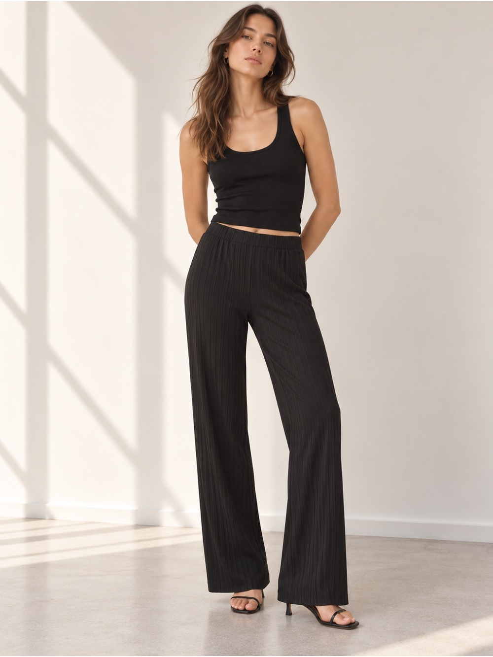 Reformation High Rise Textured Knit Wide Leg Pants S Black Pull On Full Length